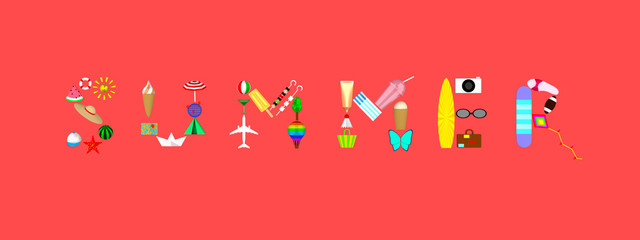 Word summer consists of holiday attributes on coral background 3D illustration