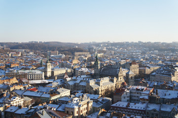 Obraz premium Ukraine sky. City of Lviv. View from above. The roofs of the city.