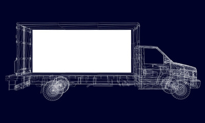 Truck wireframe of white lines on a dark background. Side view. Vector illustration