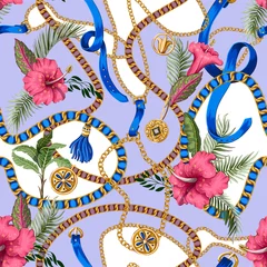 Behang Naadloos zomerpatroon met riemen, kettingen en tropische bladeren en bloemen. Trendy modeprint. © Yumeee