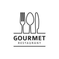 Food vector logo with fork, knife and spoon. Isolated sign. Cutlery under the line with company or restaurant name