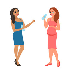 Drinking water. Pregnant happy woman with a glass. The concept of drinking clean water. Healthy lifestyle. Advertising bottles. Vector flat style illustration. Friends of different nationalities