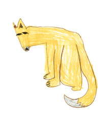 Child's drawing of the sitting yellow fox. Hand drawn by kid yellow fox. Hand drawn kid`s painting of the fox. Vector object isolated on white background.