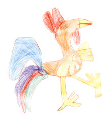 Child's drawing of the colorful rooster. Hand drawn by kid green, red, blue and yellow rooster. Hand drawn cute kid`s painting of the rooster. Vector object isolated on white background.