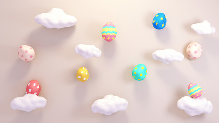 Cute decorated eggs and white clouds on beige background. 3d rendering picture.