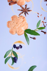 Delicious shortbread cookies with spices and leaves on a colored background