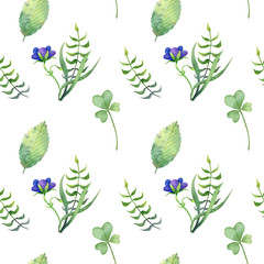 Simple seamless pattern with differents leaves  and blue flowers