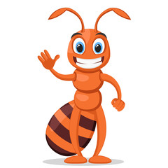 Ant smiling and waving on a white. Character