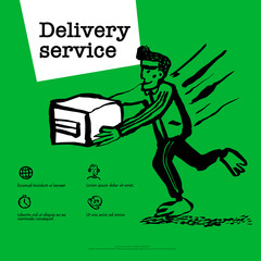 Delivery service concept. Web banner with Delivery guy handing a box on green background. Doodle ink style vector illustration.