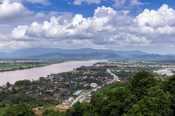 Mekong river At Chiang Saen district, Chiang Rai province In Thailand, high angle view of landscape with sky clouds.