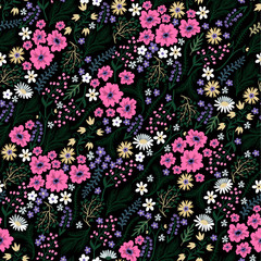 Seamless floral pattern with cute small ditsy flowers. Vector illustration. 