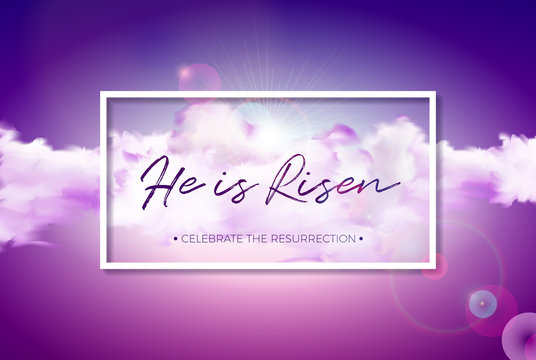 Easter Holiday illustration with cloud on cloudy sky background. He is risen. Vector Christian religious design for resurrection celebrate theme.