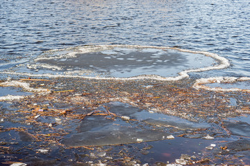 Circles of ice on the blue Dnieper river in Kiev, Ukraine, during winter