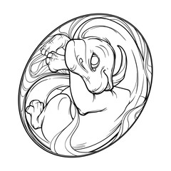 What was first a Dinosaur or an egg. Baby Brachiosaurus in the egg. Cute animal drawing. Sketch style illustration. Design for childrean and adults Coloring book. EPS10 vector illustration