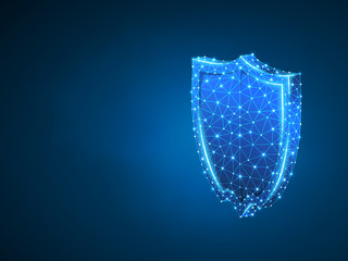 Security shield abstract neon 3d illustration. Polygonal Vector business concept of safety, data protection. Low poly wireframe, geometry triangle, lines, dots, polygons on blue background