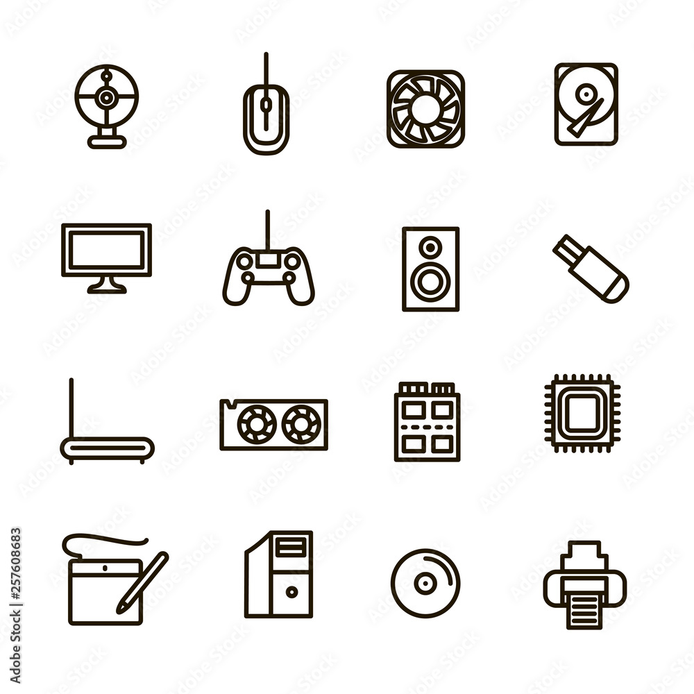 Poster computer components signs black thin line icon set. vector