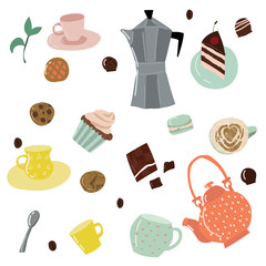 Cartoon Color Tea and Sweets Icons Set. Vector
