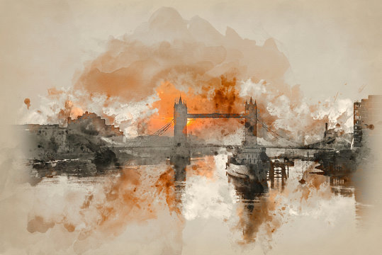 Watercolour painting of Golden Autumn sunrise over Tower Bridge in London.