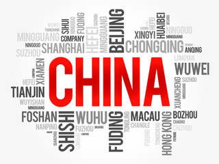 List of cities in China, word cloud collage, travel concept background