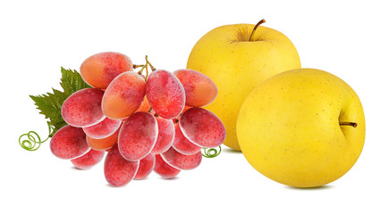 Fresh yellow apples and grapes isolated on white background with clipping path