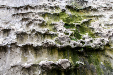 Moss Growing on Slippery Brown Rocks - Wet Slick Surfaces, small waterfall with water slowly trickling over bumpy rock wall, slowly eroding surface with interesting patterns. Green Moss, Brown Rocks.