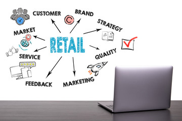 Naklejka premium Retail concept. Chart with keywords and icons. Laptop on wooden table