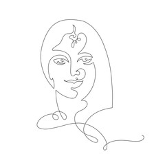 One Continuous Line drawings. Abstract portrait of indian hindu woman, drawn by one line