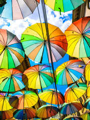 BUCHAREST, ROMANIA Colorful overhead umbrellas at outdoor restaurant, a symbol of Bucharest.