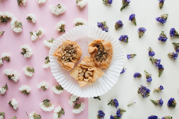 Baklava sweet dessert. Pastry made of layers of filo filled with chopped nuts and sweetened and held together with syrup or honey