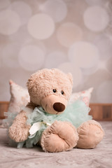 teddy im tüllrock sitzt im kinderzimmer