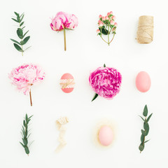 Ester composition with eggs, pink peonies, hypericum and eucalyptus on white background. Flat lay,...