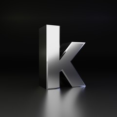 Chrome letter K lowercase. 3D render shiny metal font isolated on black background