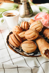 Waffle tubes and cookies with sweet filling