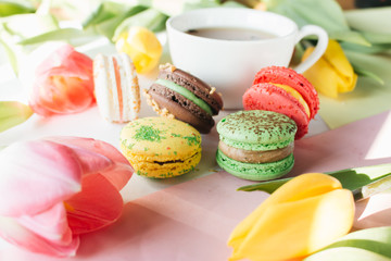 Composition of delicious bright macaroons and floral petals 