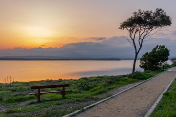 Fototapeta na wymiar Sunset over Salt lake in February, Cyprus, Larnaca 