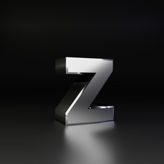 Chrome letter Z lowercase. 3D render shiny metal font isolated on black background