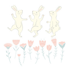 Easter Bunny character. Happy running and dancing bunnies. Flower frame silhouette. Isolated on white background.