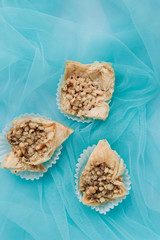 Baklava dessert. Pastry made of layers of filo filled with chopped nuts and sweetened and held together with syrup or honey