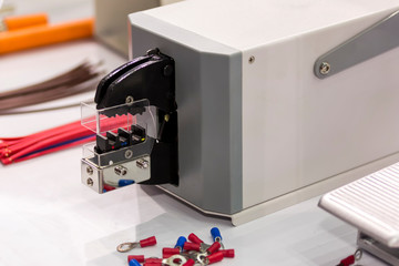 Close up automatic cable measuring cutting stripping crimping machine for high technology...
