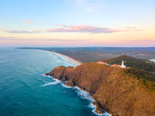 Byron Bay lighthouse at sunrise from an aerial view