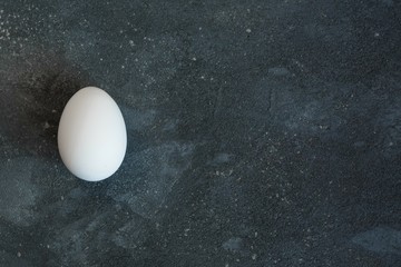 one white egg lies on a dark blue-gray cement textured background with free space on the right