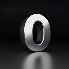 Chrome number 0. 3D render shiny metal font isolated on black background