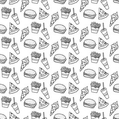 Cute cartoon fast food pattern with hand drawn fast food. Sweet vector black and white fast food pattern. Seamless monochrome fast food pattern for fabric, wallpapers, wrapping paper, cards and web.