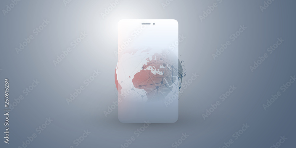 Poster global networks design with network mesh, earth globe and smartphone silhouette - vector template fo