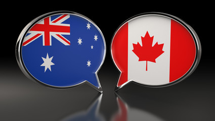 Australia and Canada flags with Speech Bubbles. 3D Illustration