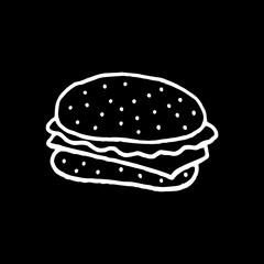 Cute cartoon hand drawn hamburger drawing. Sweet vector black and white hamburger drawing. Isolated monochrome doodle hamburger drawing on black background.