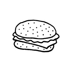 Cute cartoon hand drawn hamburger illustration. Sweet vector black and white hamburger illustration. Isolated monochrome doodle hamburger illustration on white background.