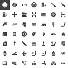 Car parts vector icons set, modern solid symbol collection, filled style pictogram pack. Signs, logo illustration. Set includes icons as car speedometer, chassis , steering wheel, vehicle headlight