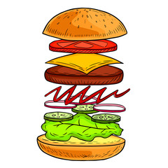 burger with meat and cheese illustration by hand, fast food, appetizing sandwich, iconic food, retro style, fashion graphic, vector image, colored