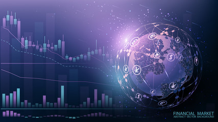 Blue futuristic background. Quotes on world markets. Modern technology. Online banking, financial communications and mining. World wide web. Hologram with a globe of the world. Vector illustration.